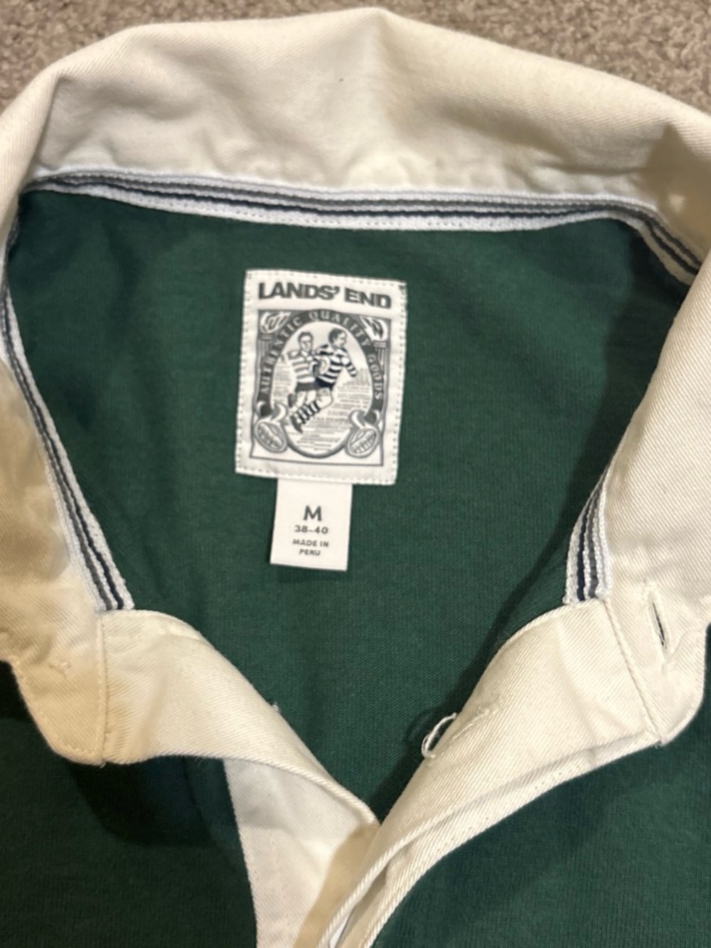 Lands' End Forest Green Rugby Shirt with White Stripes and Cream Collar - Picture 2 of 3